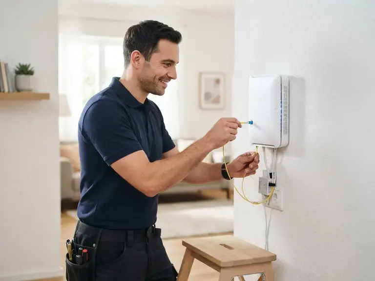 Technician installing a fiber internet connection